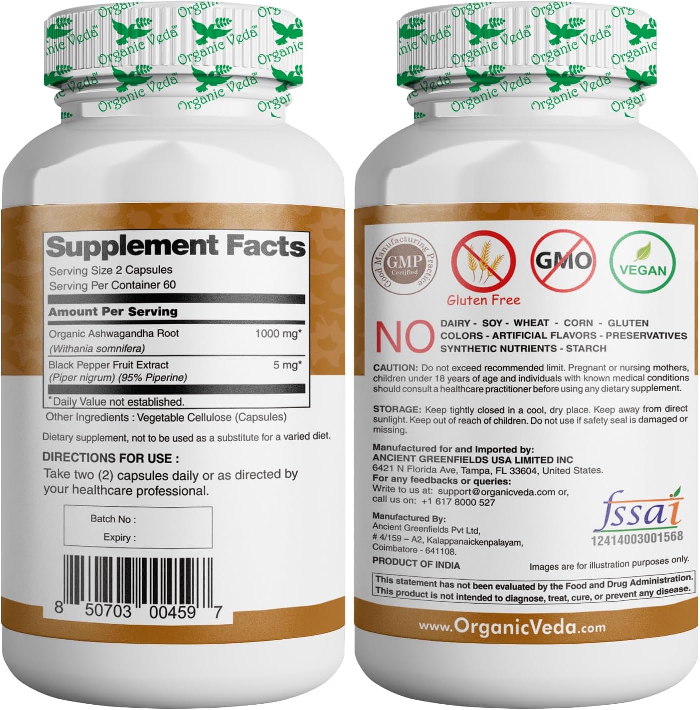 Organic Ashwagandha Capsules Full Strength with Black Pepper Extract