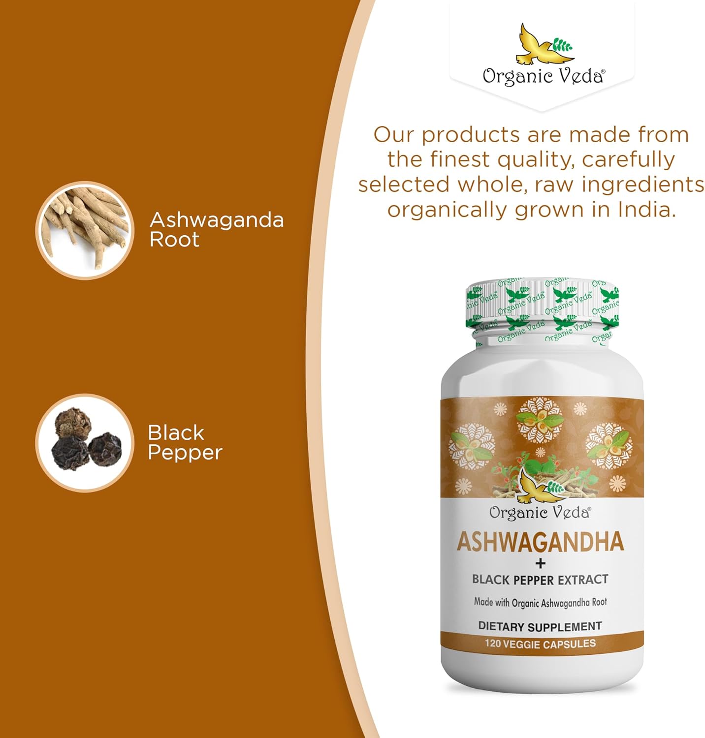 Organic Ashwagandha Capsules Full Strength with Black Pepper Extract