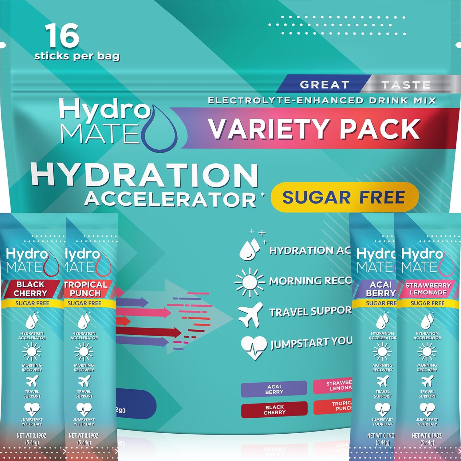 Electrolyte Powder Sugar-Free Hydration Packets Variety Pack HydroMATE 16 Sticks