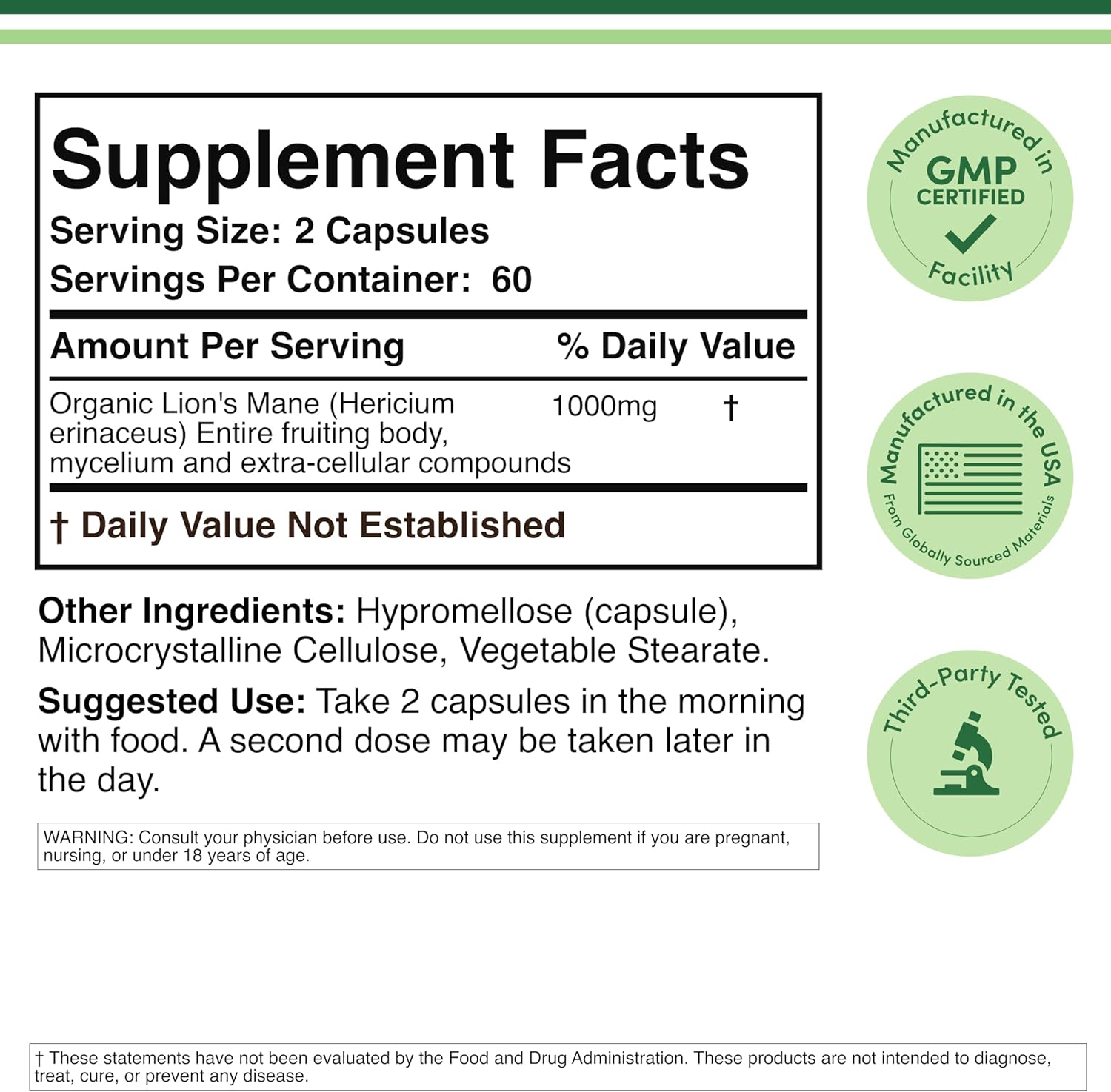 Organic Lions Mane Mushroom Capsules (120 Count), for Focus Support and Immune Health, Third Party Tested and Grown in The USA - by Double Wood